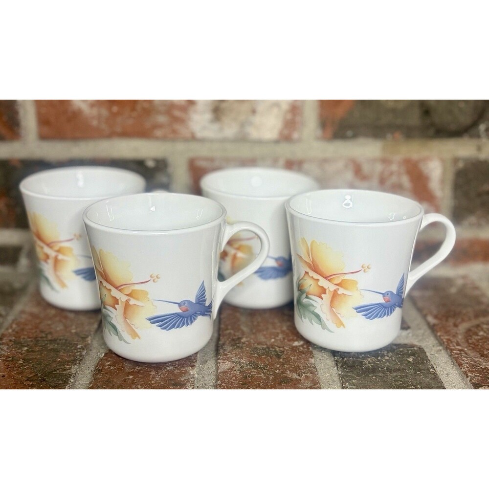Corning Ware USA Hummingbird Hibiscus Coffee Cups Mugs Set Of 4 Floral Bird 8oz